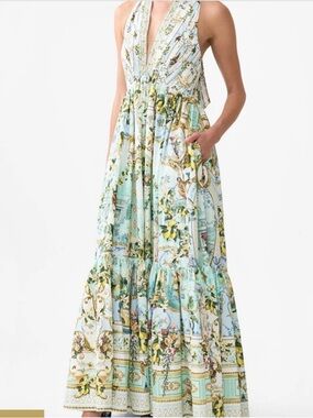 Camilla Aqua & Lemon Floral Halter Maxi Dress
